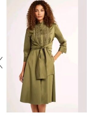 Elie Tahari Ann A-line Sleeve Tie Waist Dress Poplin Olive Green $448